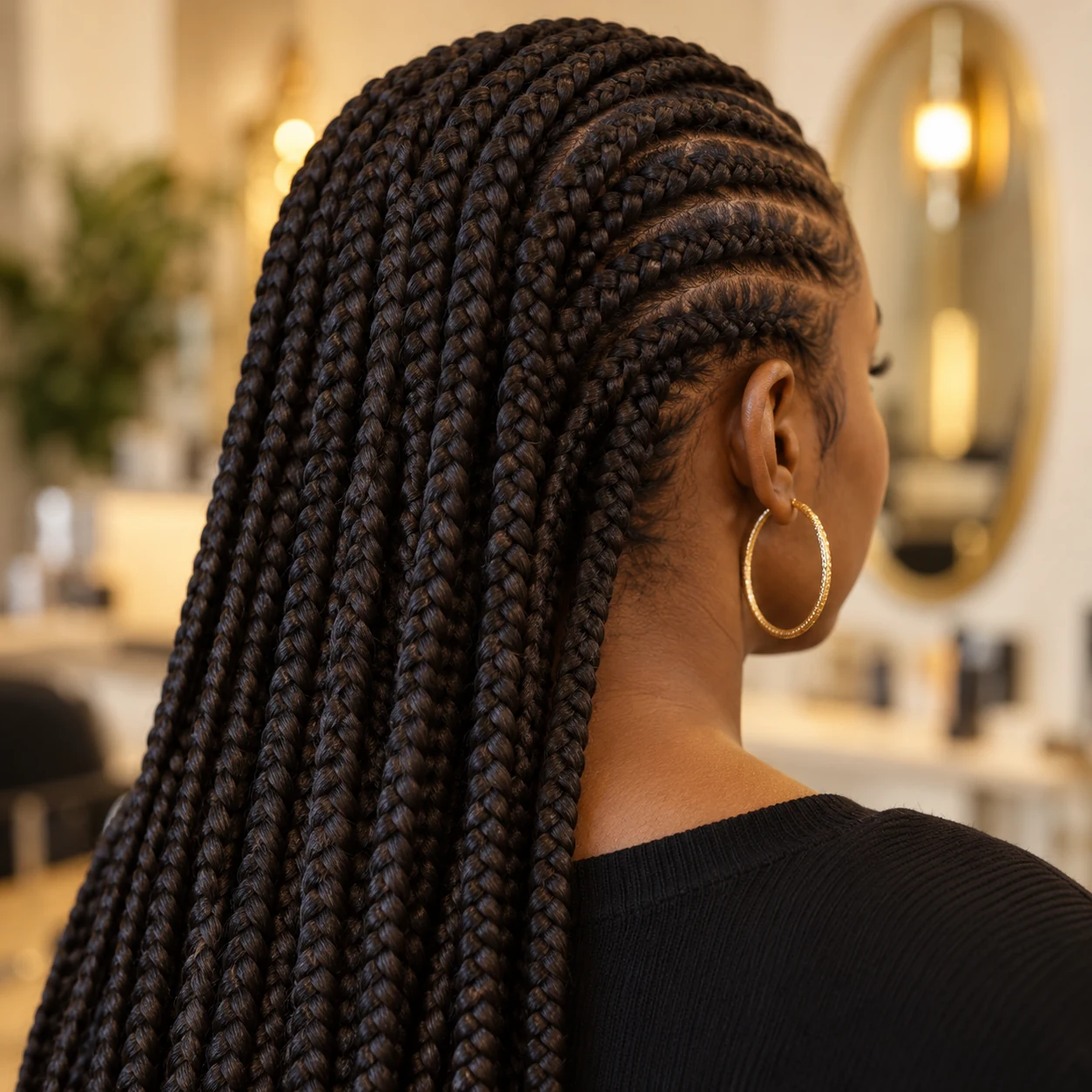 Long braids with neat, evenly spaced sections.