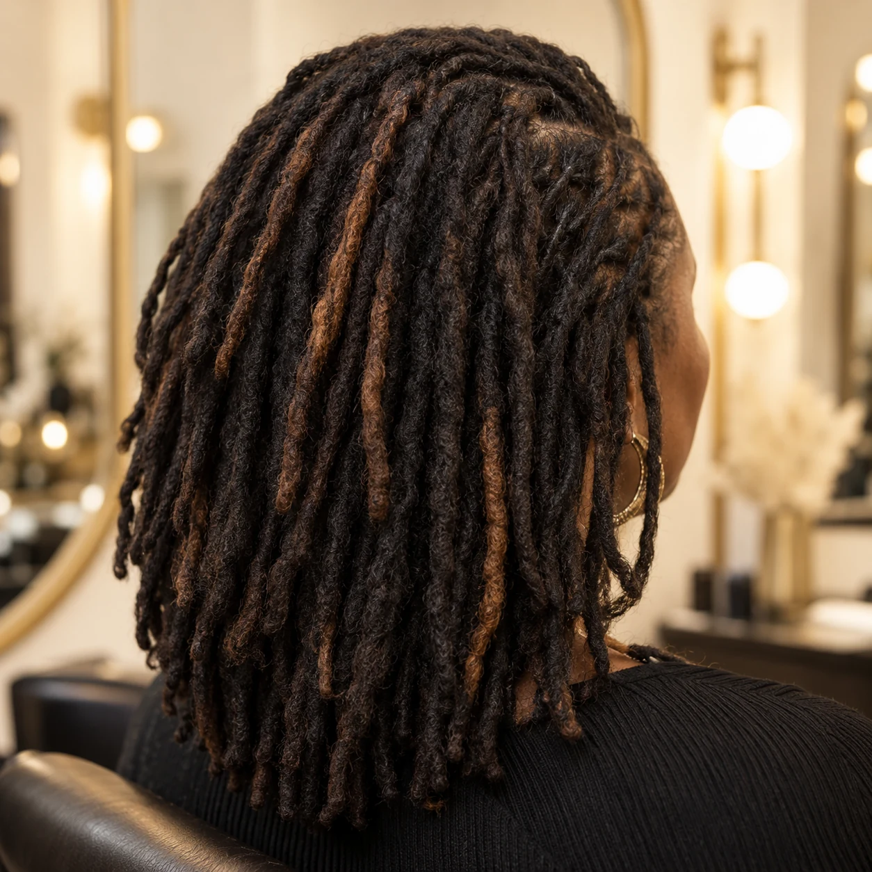 Shoulder-length locs with freshly maintained roots.